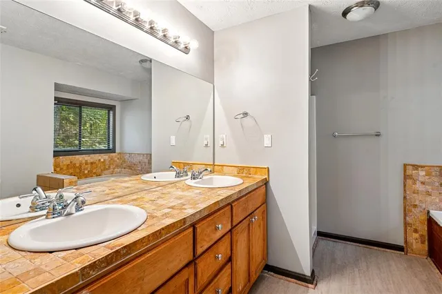 a bathroom with a granite countertop sink and a mirror