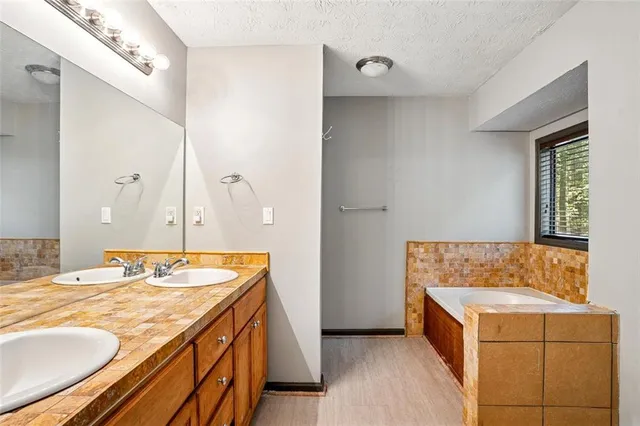a bathroom with a sink double vanity and a mirror