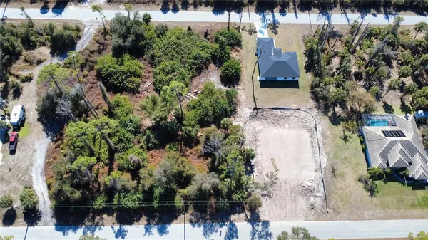 an aerial view of a house with a yard and large trees