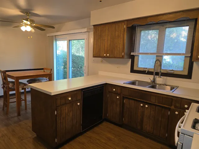 a kitchen with a sink and wooden cabinets