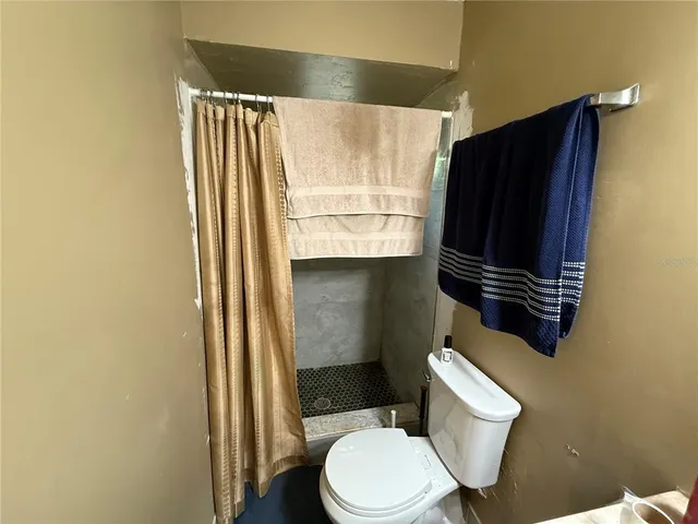 a white toilet sitting next to a shower curtain