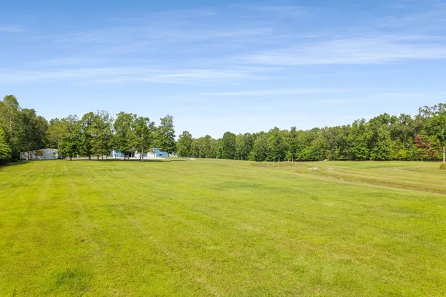 an aerial view of residential houses with outdoor space and trees