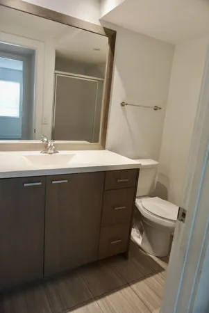 a bathroom with a sink a toilet a mirror and shower