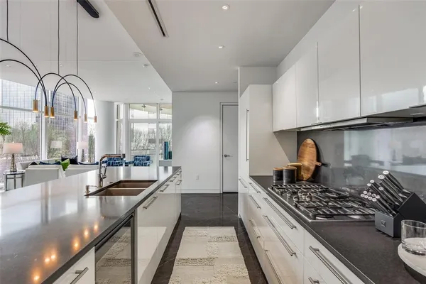 a kitchen with lots of counter top space and a stove