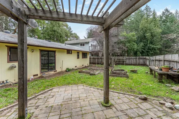 a view of backyard with large trees and a small yard