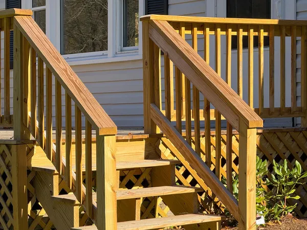 a view of building with wooden stairs