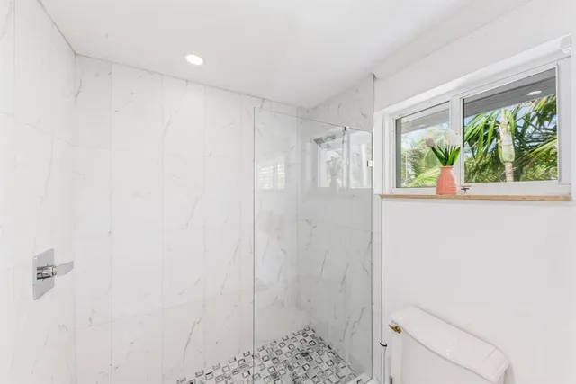 a bathroom with a shower and a window
