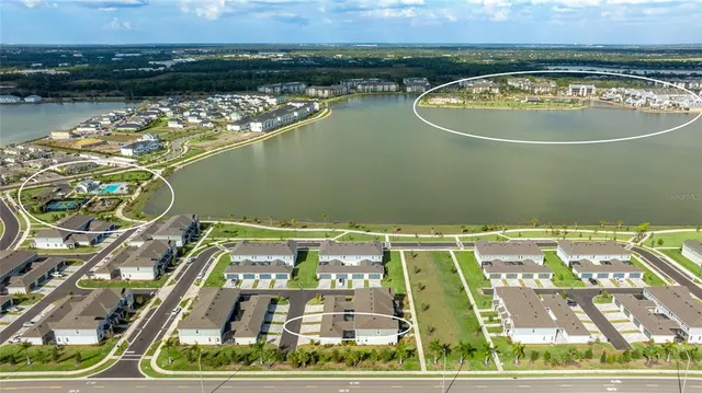 an aerial view of a swimming pool