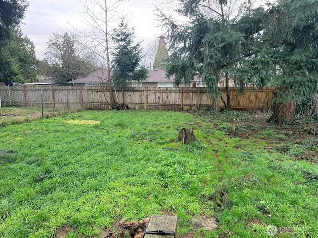 a view of a backyard with large trees and wooden fence