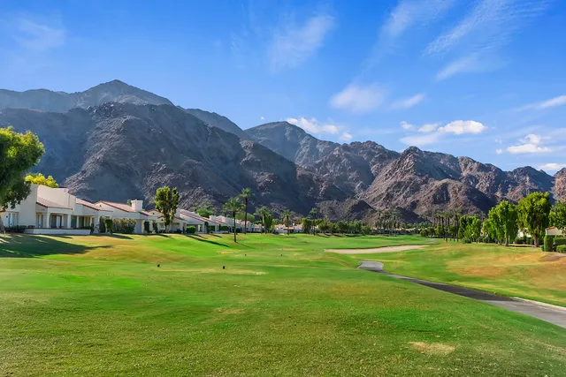 a view of a grassy field with mountains in the background