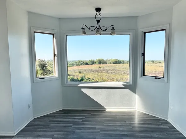 a view of empty room with wooden floor and windows