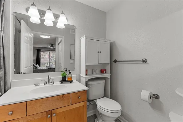 a bathroom with a sink vanity mirror and toilet