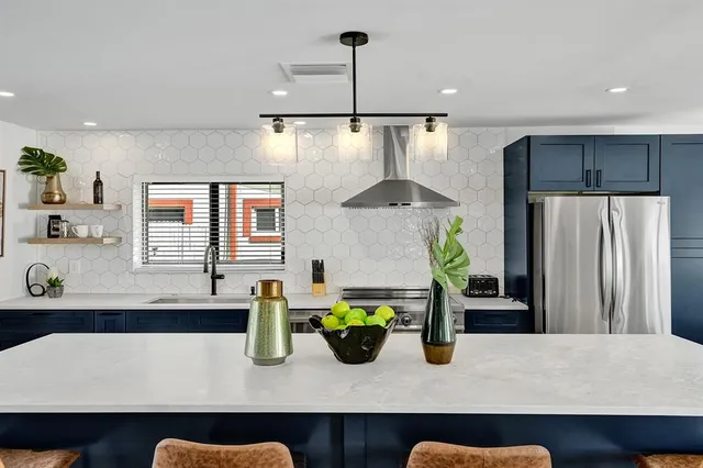a kitchen with lots of counter top space