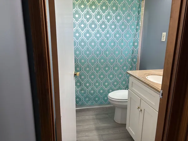 a white toilet sitting next to a shower curtain