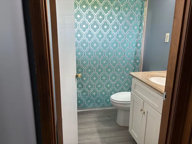 a white toilet sitting next to a shower curtain