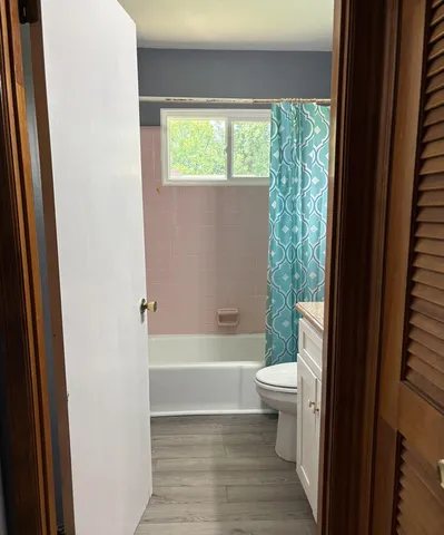 a bathroom with a toilet and a bathtub
