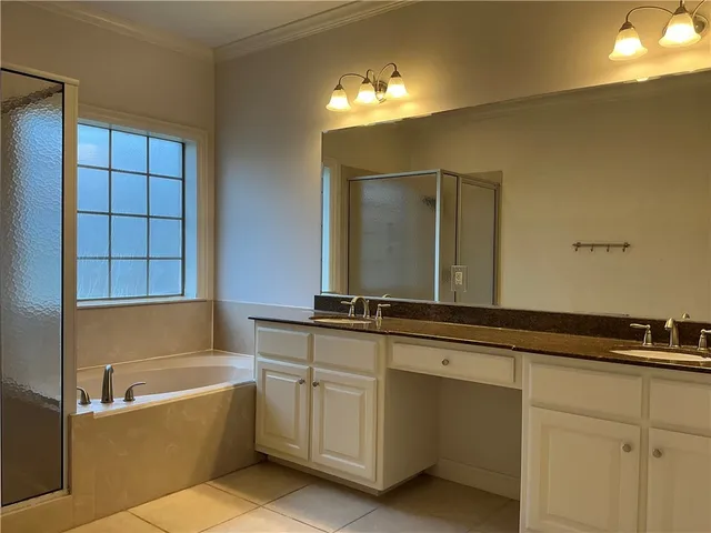a bathroom with a tub a double vanity sink and mirror