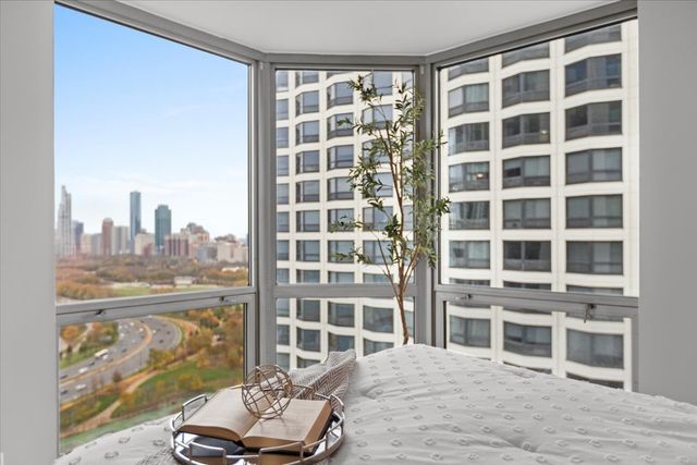 a view of a room with windows