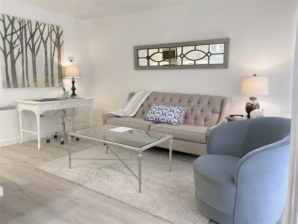a living room with furniture a couch and a potted plant