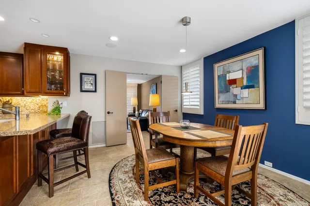 a view of a dining room with furniture