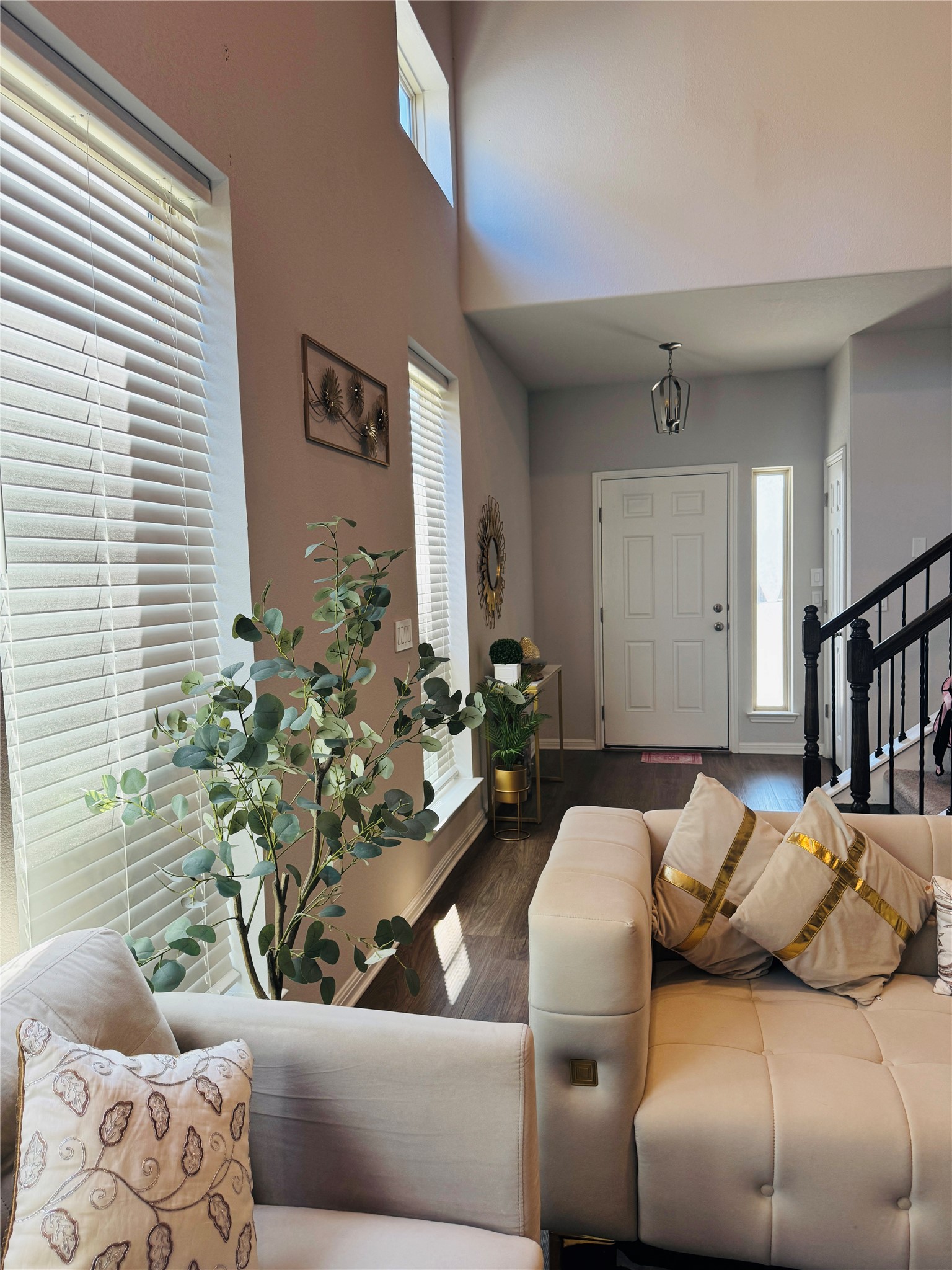 349 Rend Drive Leander, TX 78641 - Photo 4 of 21 Living area featuring a high ceiling and dark wood-style floors