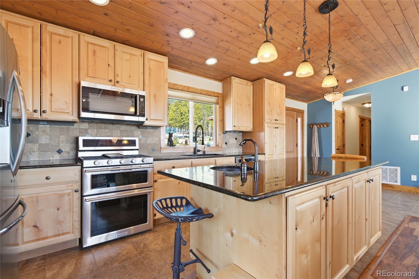 8790 South Warhawk Road Conifer, CO 80433 - Photo 7 of 41 a kitchen with stainless steel appliances a stove sink microwave and cabinets
