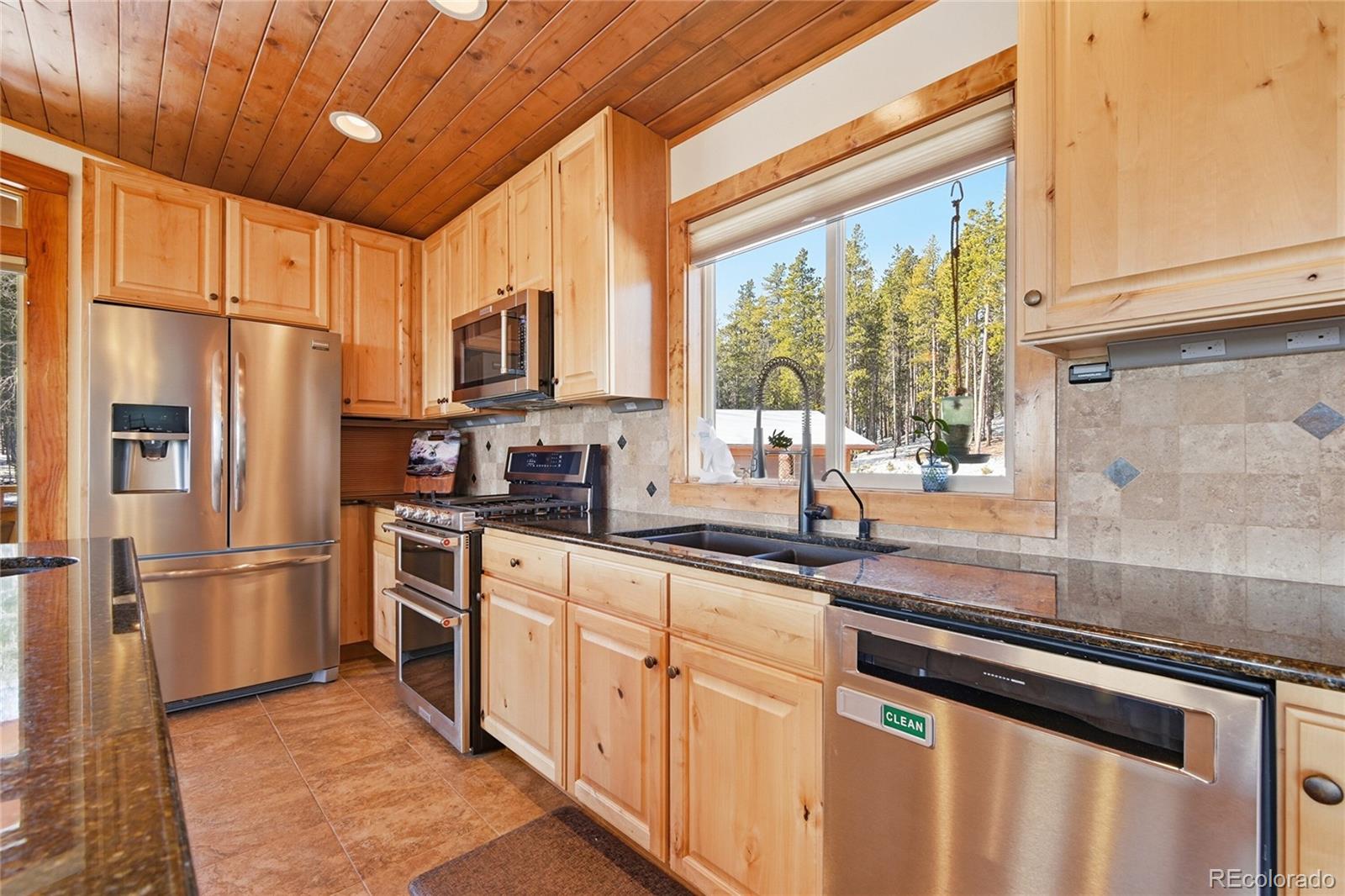 8790 South Warhawk Road Conifer, CO 80433 - Photo 10 of 41 a kitchen with stainless steel appliances a refrigerator sink and cabinets