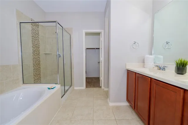 a bathroom with a tub sink and mirror