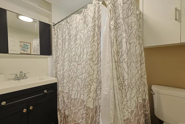 a white toilet sitting next to a shower curtain