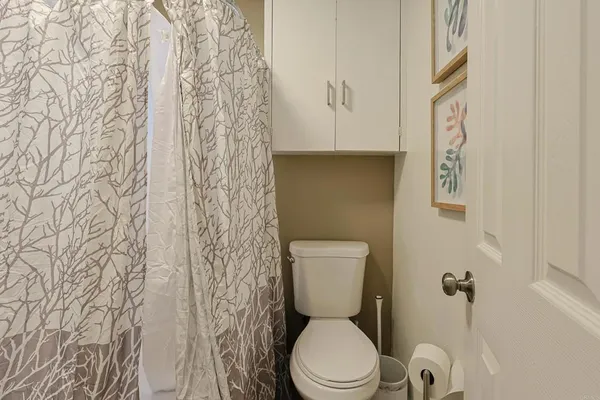 a white toilet sitting next to a shower curtain