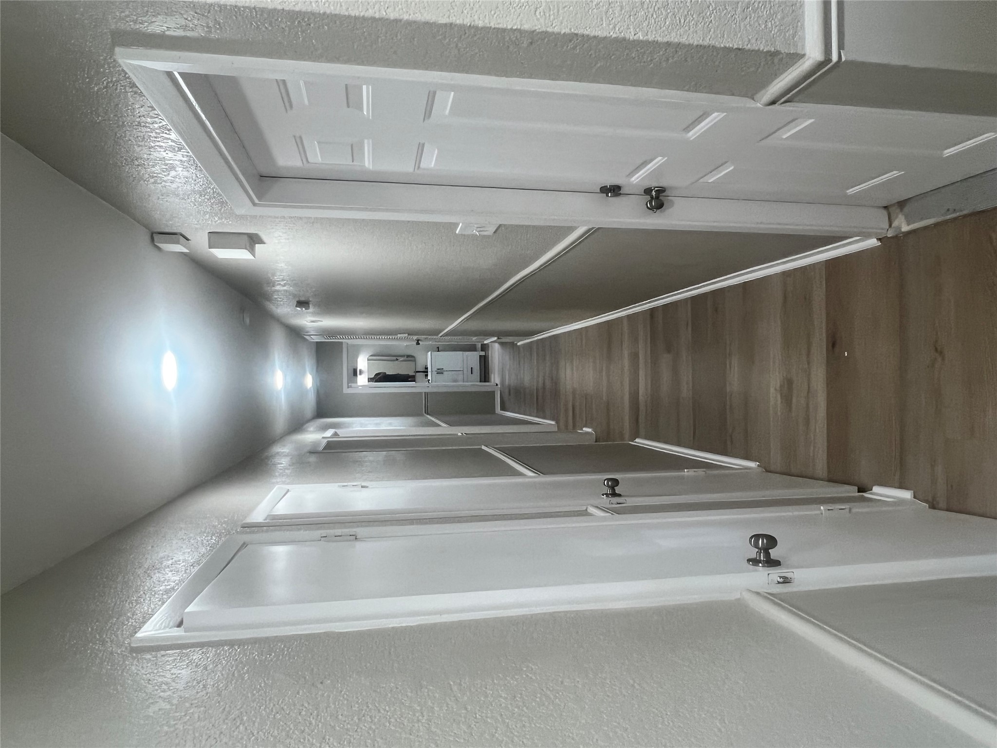 4620 Button Bend Road Austin, TX 78744 - Photo 15 of 22 A well-lit corridor with sleek wood flooring extends toward a visible vanity mirror.