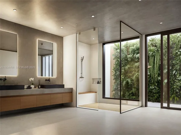 a bathroom with a tub mirror and window