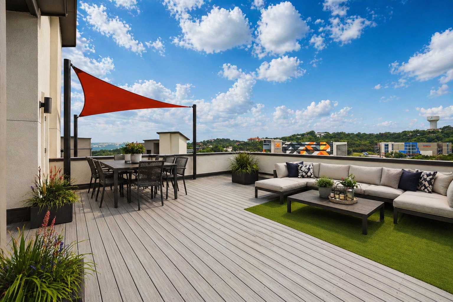 Expansive rooftop deck featuring composite wood-finish decking.