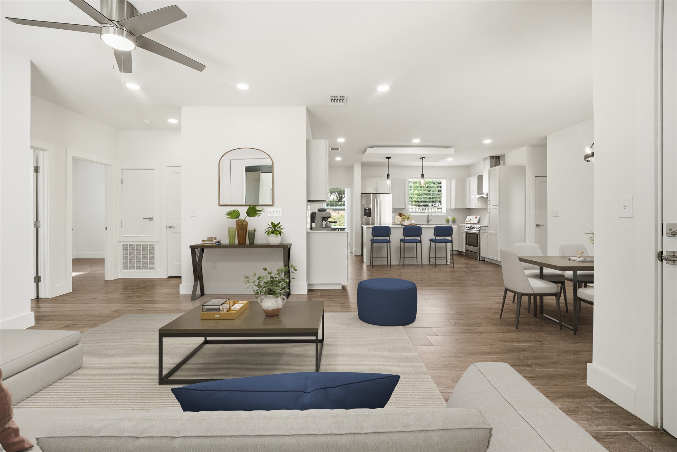 4300 Mansfield Dam Road, Unit 1021 Austin, TX 78734 - Photo 13 of 40 Open-concept living area featuring wood-look tile-finish flooring, recessed lighting, and a modern ceiling fan
