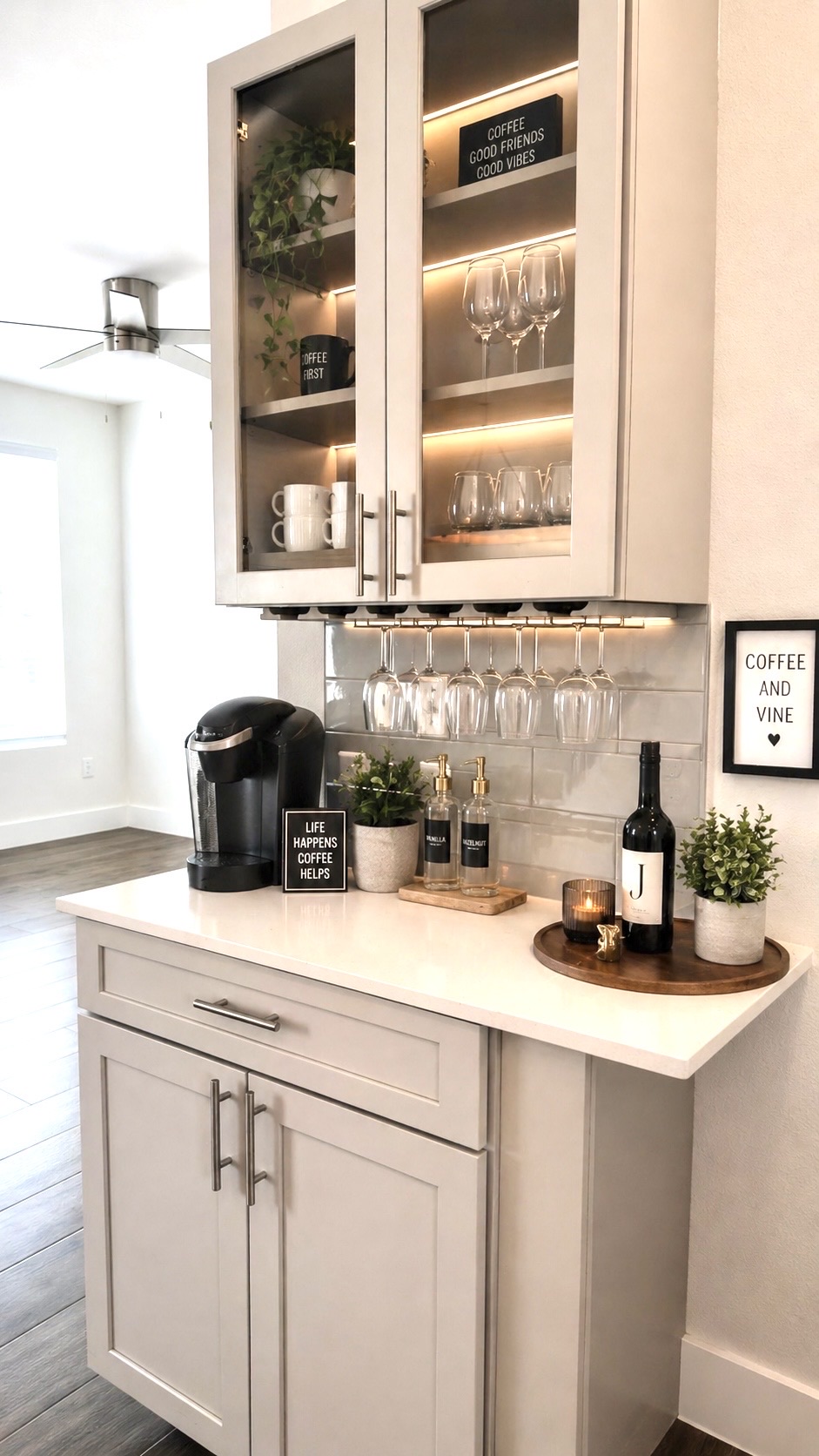 4300 Mansfield Dam Road, Unit 1021 Austin, TX 78734 - Photo 23 of 40 Built-in beverage station featuring shaker-style cabinetry, glass-front upper cabinets with quartz countertop, and a subway tile backsplash