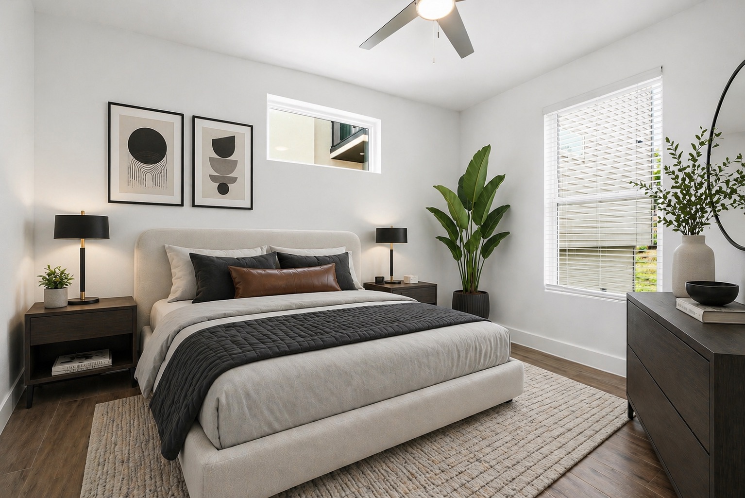 4300 Mansfield Dam Road, Unit 1021 Austin, TX 78734 - Photo 28 of 40 Bright 2nd bedroom featuring wood- look tile finish flooring, a ceiling fan, a large window with blinds, and a transom window