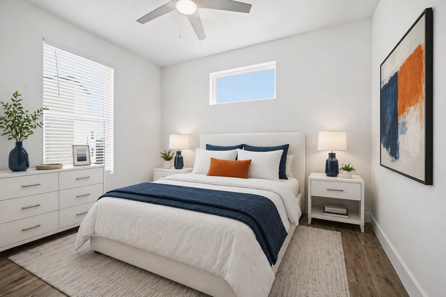 4300 Mansfield Dam Road, Unit 1021 Austin, TX 78734 - Photo 30 of 40 Bright bedroom featuring wood-look tile-finish flooring, a contemporary ceiling fan, and two windows providing natural illumination