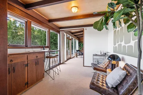 a living room with furniture a floor to ceiling window and a potted plant