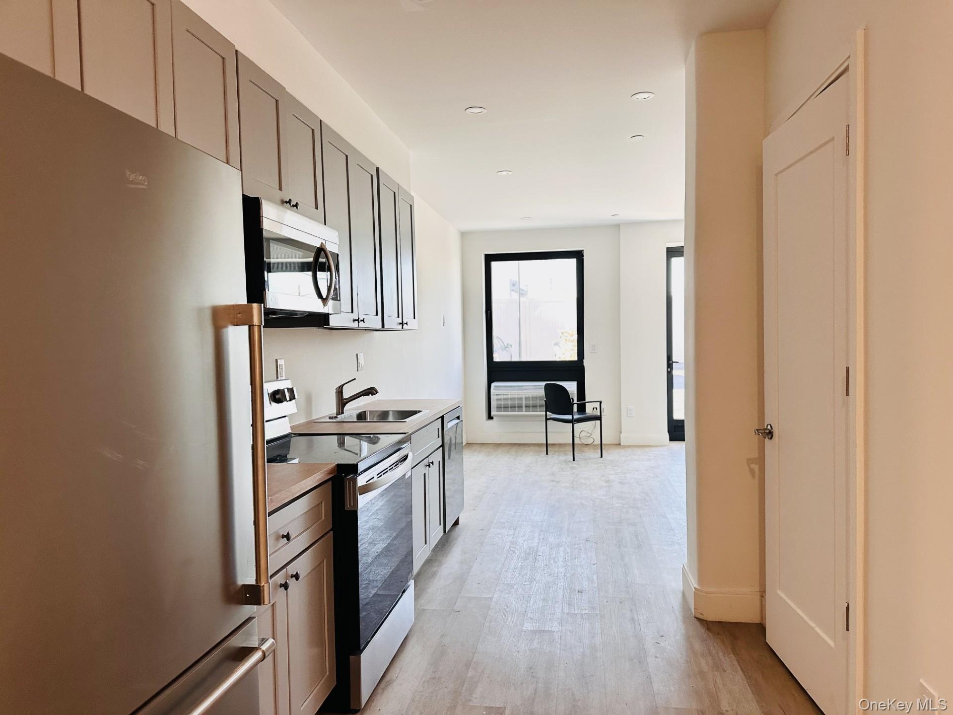 362 West Merrick Road, Unit 101 Valley Stream, NY 11580 - Photo 3 of 9 Kitchen featuring appliances with stainless steel finishes, light wood-type flooring, light countertops, recessed lighting, and gray cabinetry