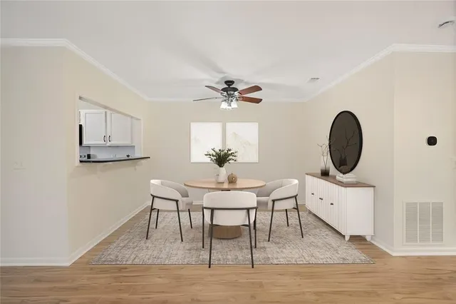 a workspace with furniture and a mirror