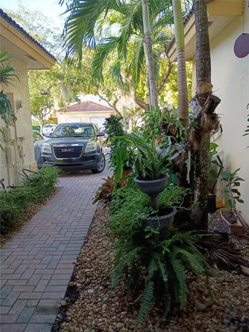 a view of a garden with a car parked