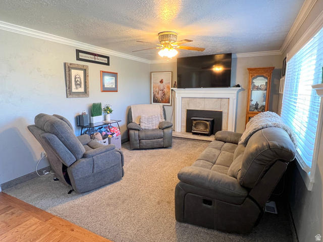 1852 East 3500th Street South Vernal, UT 84078 - Photo 6 of 46 Living area featuring a ceiling fan, ornamental molding, a textured ceiling, and carpet flooring
