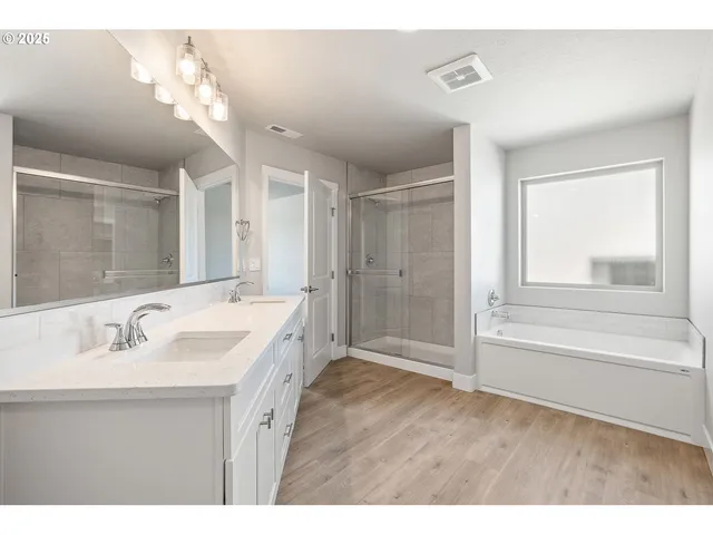 a bathroom with a double vanity sink mirror and shower