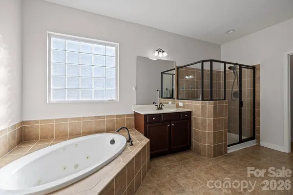 a bathroom with a tub sink shower and mirror