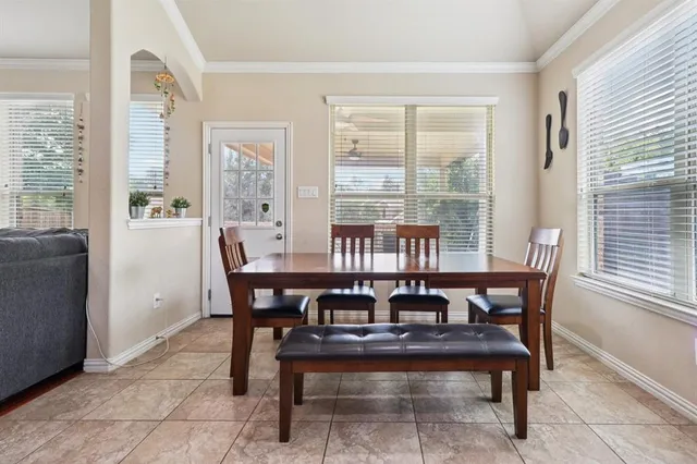a view of a dining room with furniture window and outside view