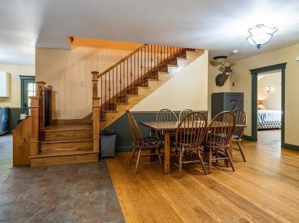 a view of dining room with furniture and wooden floor