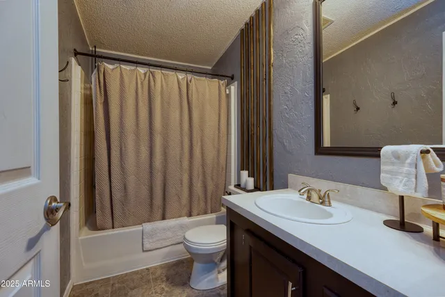 a bathroom with a sink a toilet and shower curtain