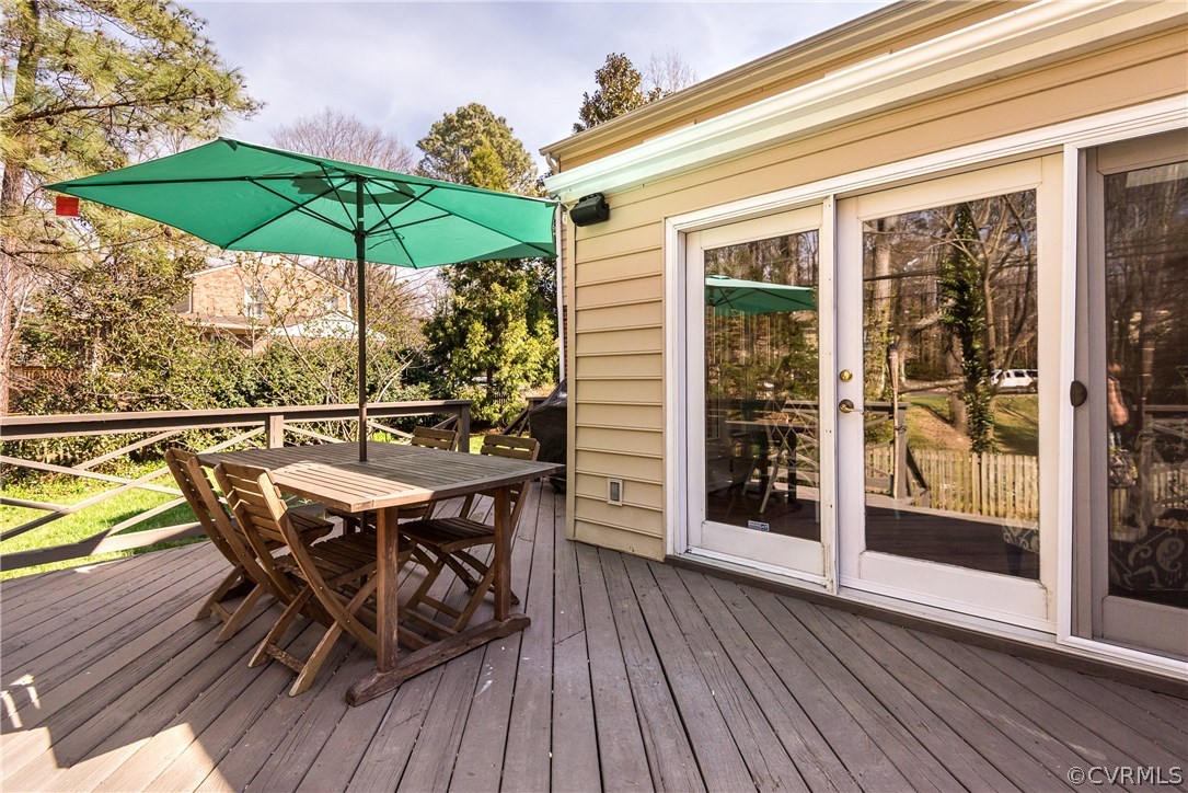 108 Ralston Road Henrico, VA 23229 - Photo 35 of 42 a view of a roof deck with table and chairs under an umbrella with wooden floor