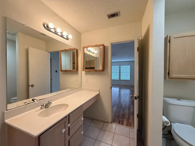 a bathroom with a sink a toilet and mirror