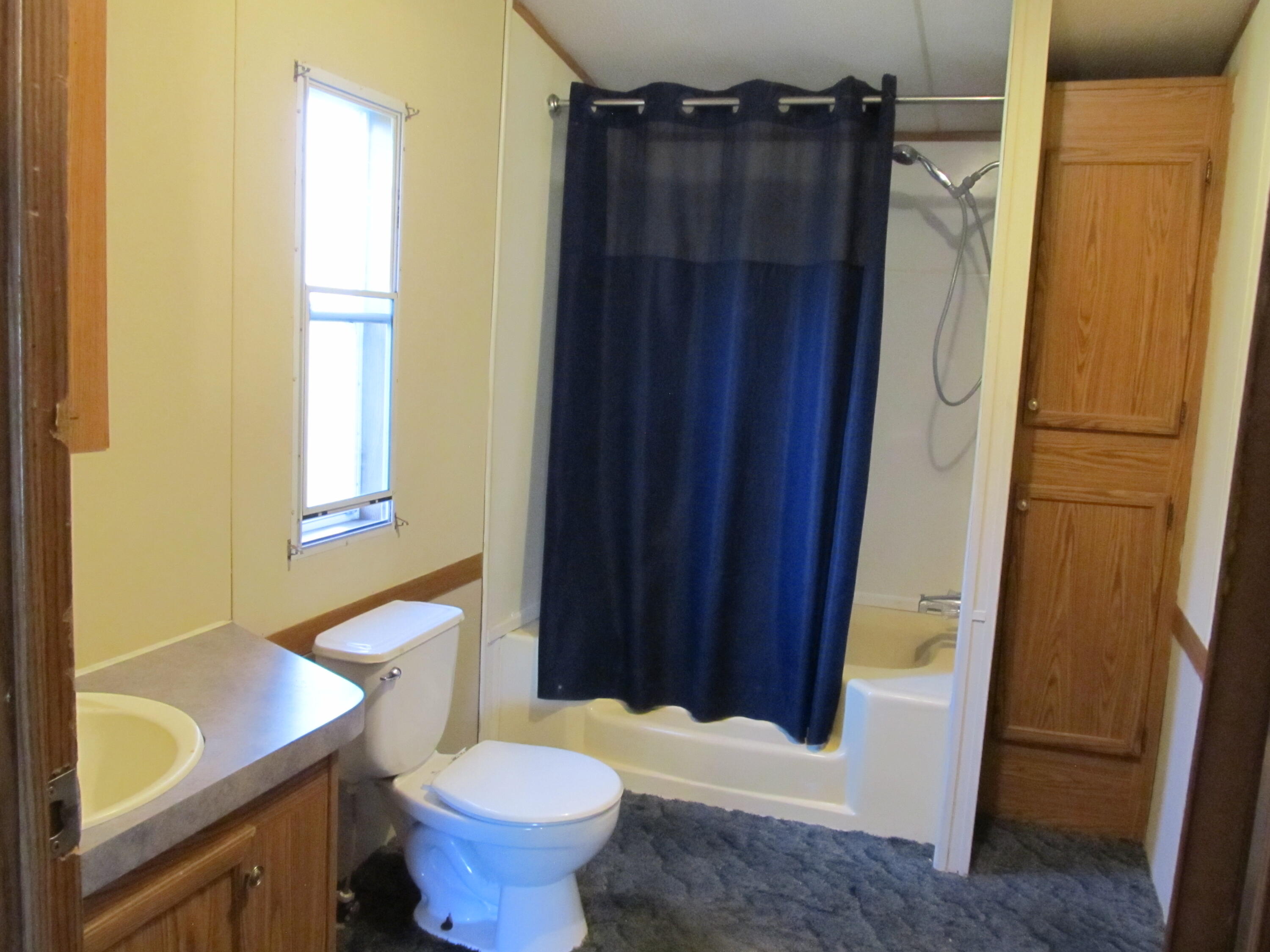 211 River Road Samson, AL 36477 - Photo 11 of 23 a bathroom with a toilet and a shower curtain